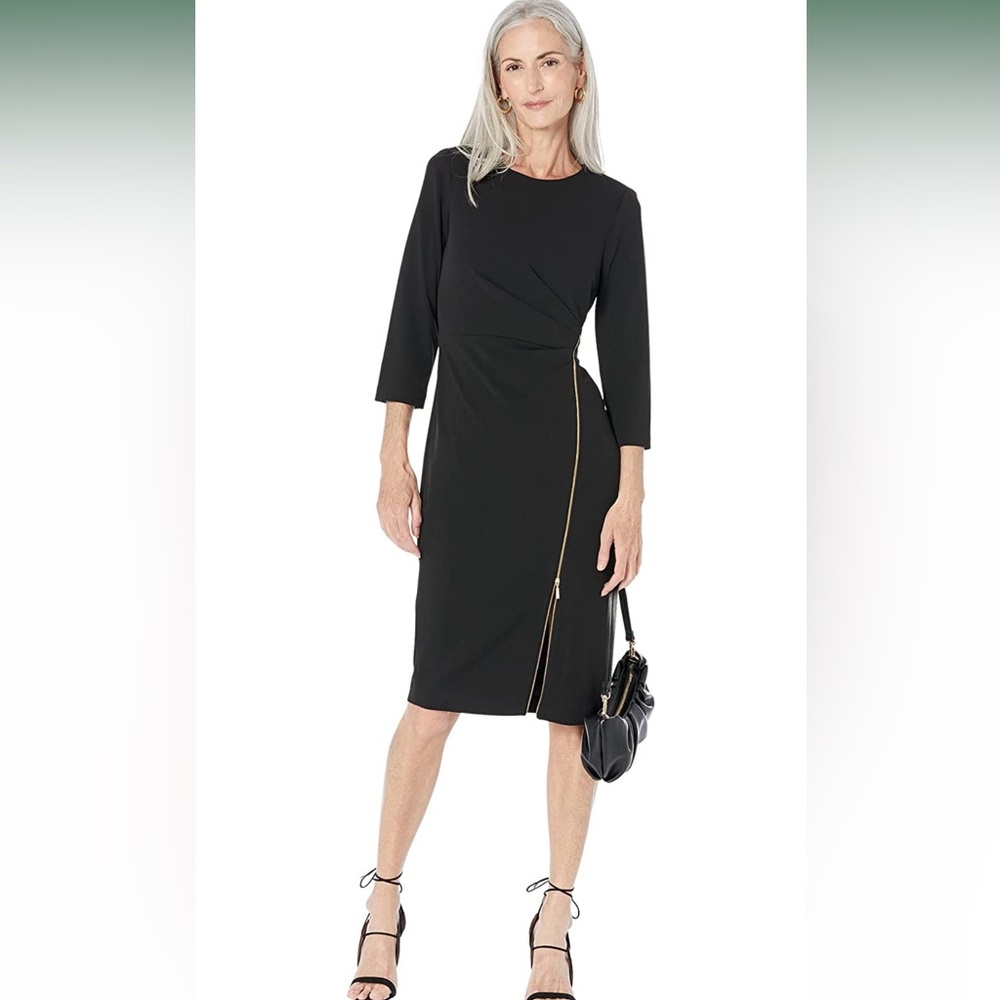 NWT Black Calvin Klein Long Sleeve Zipper Ruched Dress
